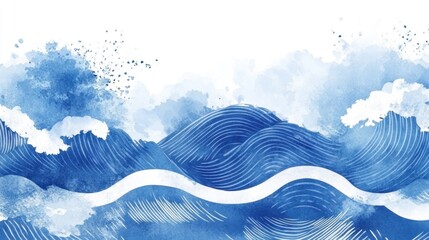 Blue brush stroke texture with Japanese ocean wave pattern in vintage style. Abstract art landscape banner design with watercolo