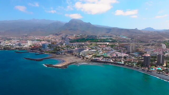 Costa adeje and playa troya coastline in tenerife, sunny day, aerial view