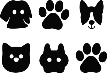 Cute Animal Faces & Paw Prints Silhouette Vector Set.