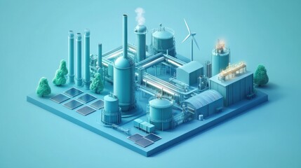 Blue Hydrogen renewable energy production pipeline. green hydrogen gas for clean electricity solar and wind turbine