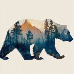 Fantasy-inspired bear illustration where natural scenery and swirling designs form a textured, dreamlike composition.

