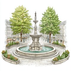 An ornate fountain with city buildings and trees forms a lovely waterscape.