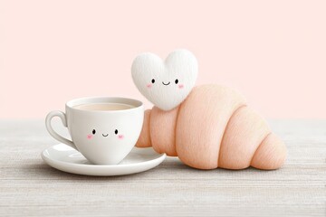 Cute cartoon coffee cup, heart, and croissant on wooden table