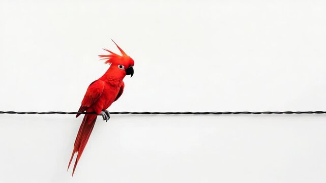 Vibrant red parrot perched on a wire against a minimalistic white background