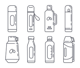 Set of thermoses for drinks. Thermos or bottle with hot drink. Sports water bottle. Set of linear icons. Vector illustration