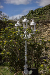 vintage lantern next to green bush
