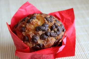 Chocolate chip muffin. Close up view, cupcake 