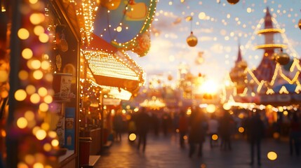Fototapeta premium Enchanting Christmas Market Atmosphere with Sparkling Lights and Festive Joy