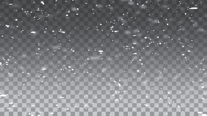 White snowflakes on a transparent background. Snow flakes, snow background. Heavy snowfall, snowflakes in different shapes 