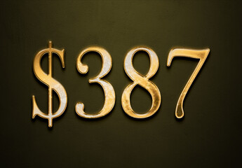 Old gold effect of 387 dollars with 3D glossy style Mockup.