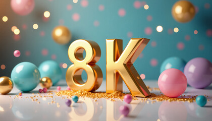 8K celebration with glossy gold numbers and balloon decorations