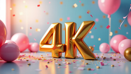 4K milestone celebration with golden balloons and vibrant colors
