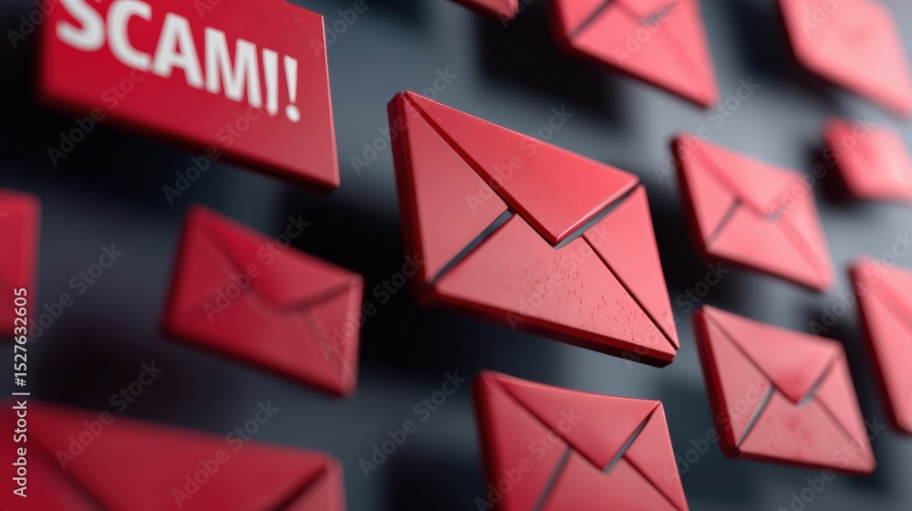Poster Email Inbox Showing Incoming Scam Messages Highlighted in Red, While Top Section Remains Organized and Clean