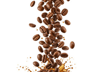 Obraz premium Isolated Falling Roasted Coffee Beans with Splash