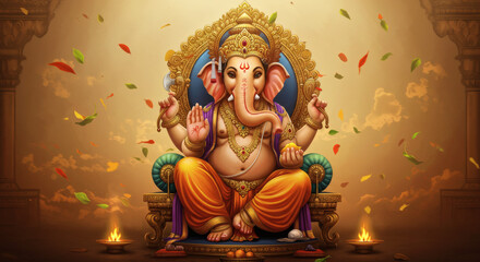 Lord Ganesha Sitting on Golden Throne
