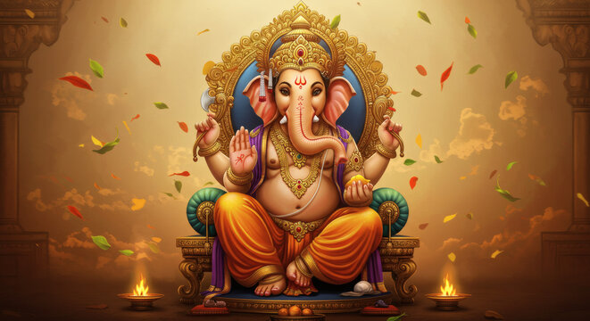 Lord Ganesha Sitting on Golden Throne