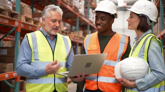 Diverse warehouse management team, two men and a woman, use a laptop for planning and discussion - Powered by Adobe