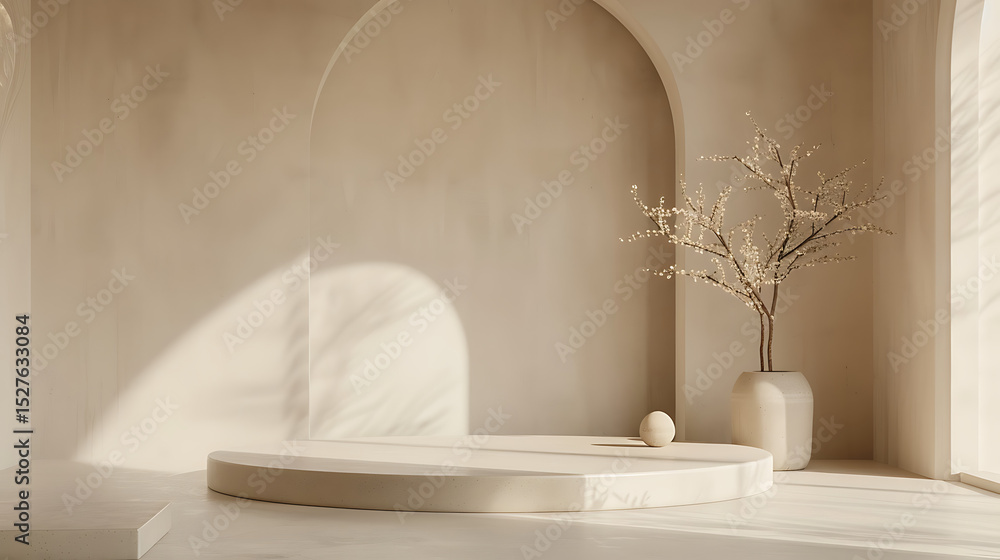 Poster minimalist beige interior with a round podium a vase with branches and a sphere casting soft shadows