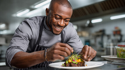 African american male chef decorating meat steak at restaurant kitchen