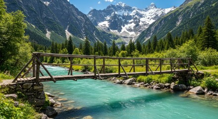 Serene mountain river flows under rustic wooden bridge, nestled amidst lush greenery and majestic snow-capped peaks