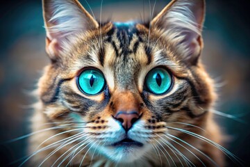Close-up of a startled cat; striking turquoise eyes, incredible depth of field, stunning pet photography.