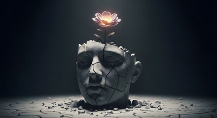 Emergence of new life: A surreal art piece that illustrates the power of renewal and growth as a flower blooms from the broken head sculpture. representing ideas such as metamorphosis, inspiration.