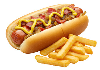 Isolated Loaded Hot Dog with Fries