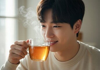 close up photo of an asian man drinking a glass of hot tea