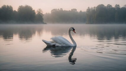 Fototapeta premium Graceful Mute Swan Gliding on a Misty Lake at Dawn.