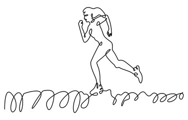 Man Woman running continuous one line drawing. Jogging abstract single line art, Single continuous line drawing of a young woman athlete running fast. Sport running woman concept of sports.
