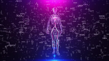 Human Anatomy Visualization with DNA and Molecular Structures on Purple Background - Powered by Adobe