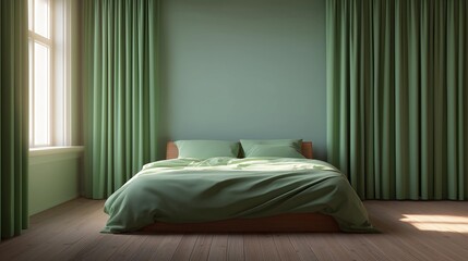 Modern bedroom with a large window on the left side. the window is covered with green curtains that are open, allowing natural light to enter the room.