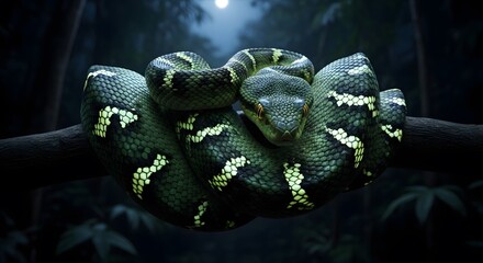 Emerald Tree Boa at Night: A mesmerizing emerald tree boa, coiled around a branch, glows faintly under the moonlight in a dark, mysterious rainforest. 