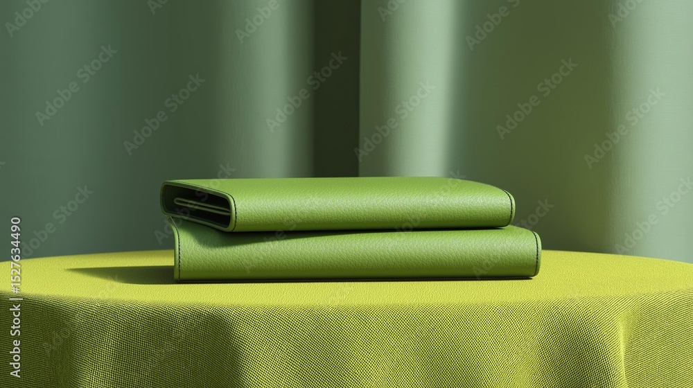 Poster folded green wallet lying on top of a yellow tablecloth. the wallet appears to be made of leather or