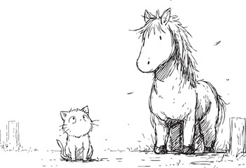 Playful kitten gazing upward, standing near large horse within rustic wooden fence, depicting rural landscape innocence