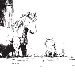 Horse and kitten looking each other near a fence in a cute cartoon illustration representing friendship between animals