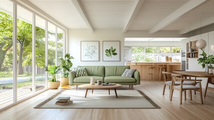 Fototapeta premium Mid-century modern living room with light green couch, white walls and ceiling, wooden floors, natural light, sliding glass doors, dining area, and green plants.