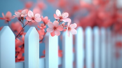 Soft pink blossoms against a white picket fence