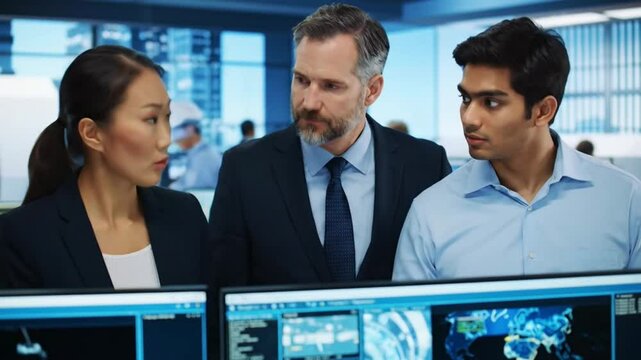 Diverse business team, a woman and two men, intently analyzes complex data on multiple computer - Powered by Adobe