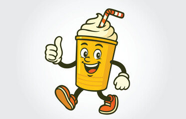 Happy Walking Milkshake Cartoon Mascot with Thumbs Up