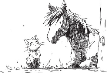 Horse and cat looking each other in the eyes, making friends in a field, hand drawn vector illustration