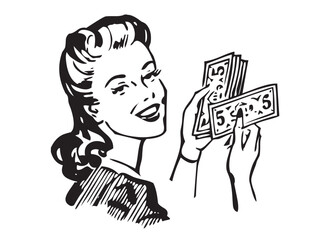 Vector isolated retro vintage american poster person woman with money colorless black and white contour line easy drawing
