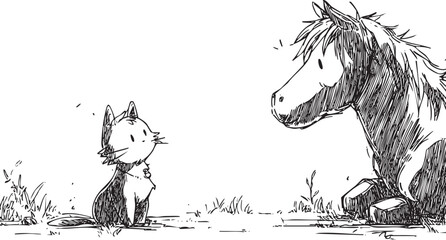 Curious cat watching horse in grassy meadow, sharing playful moment between interspecies companions