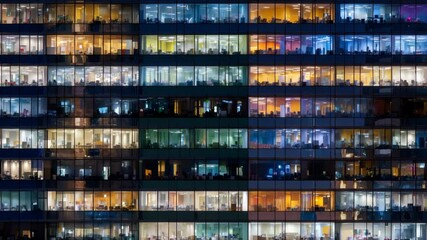 Nighttime Time-Lapse of a Bustling Office Building: A Glimpse into Modern Work Life