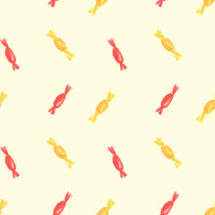 Watercolor hand drawn seamless pattern with candies on yellow background