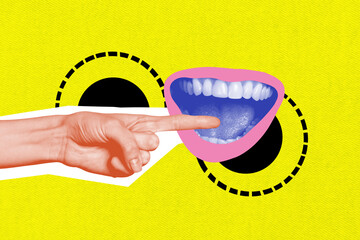 Sketch composite 3D photo collage trend artwork of finger body language sign showing symbol touch...