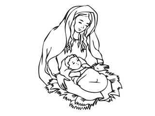 Vector isolated Mary Mother of Jesus with baby full body colorless black and white contour ink art engraving	
