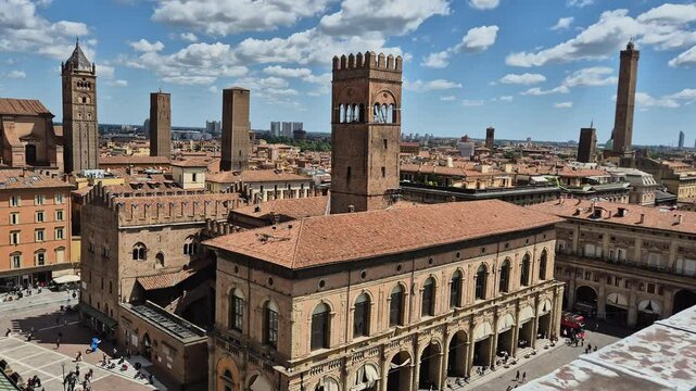 Aerial cityscape view above Piazza Maggiore in Bologna, Italy