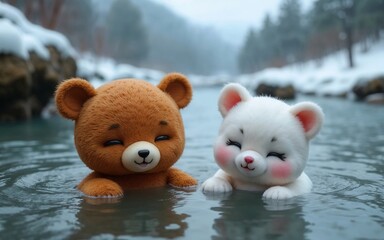 Brown bear and a white kitten, soaking in a river deep in the mountains, spring surrounded by rocks trees.