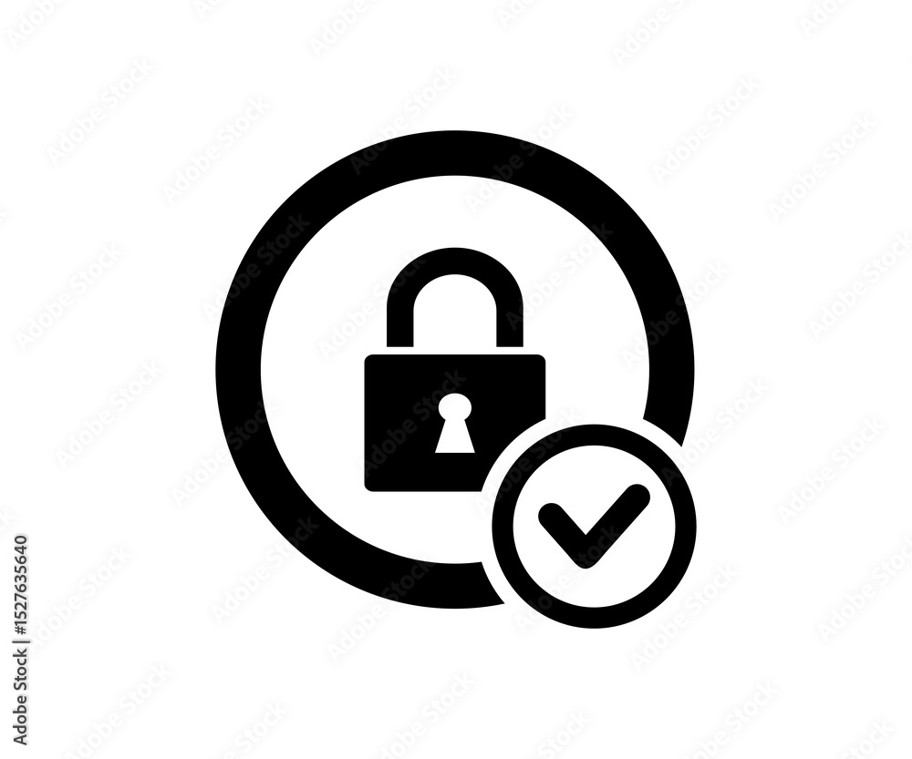 Poster lock check icon. circle and shield with lock icon with check mark. security lock, cyber defense vect